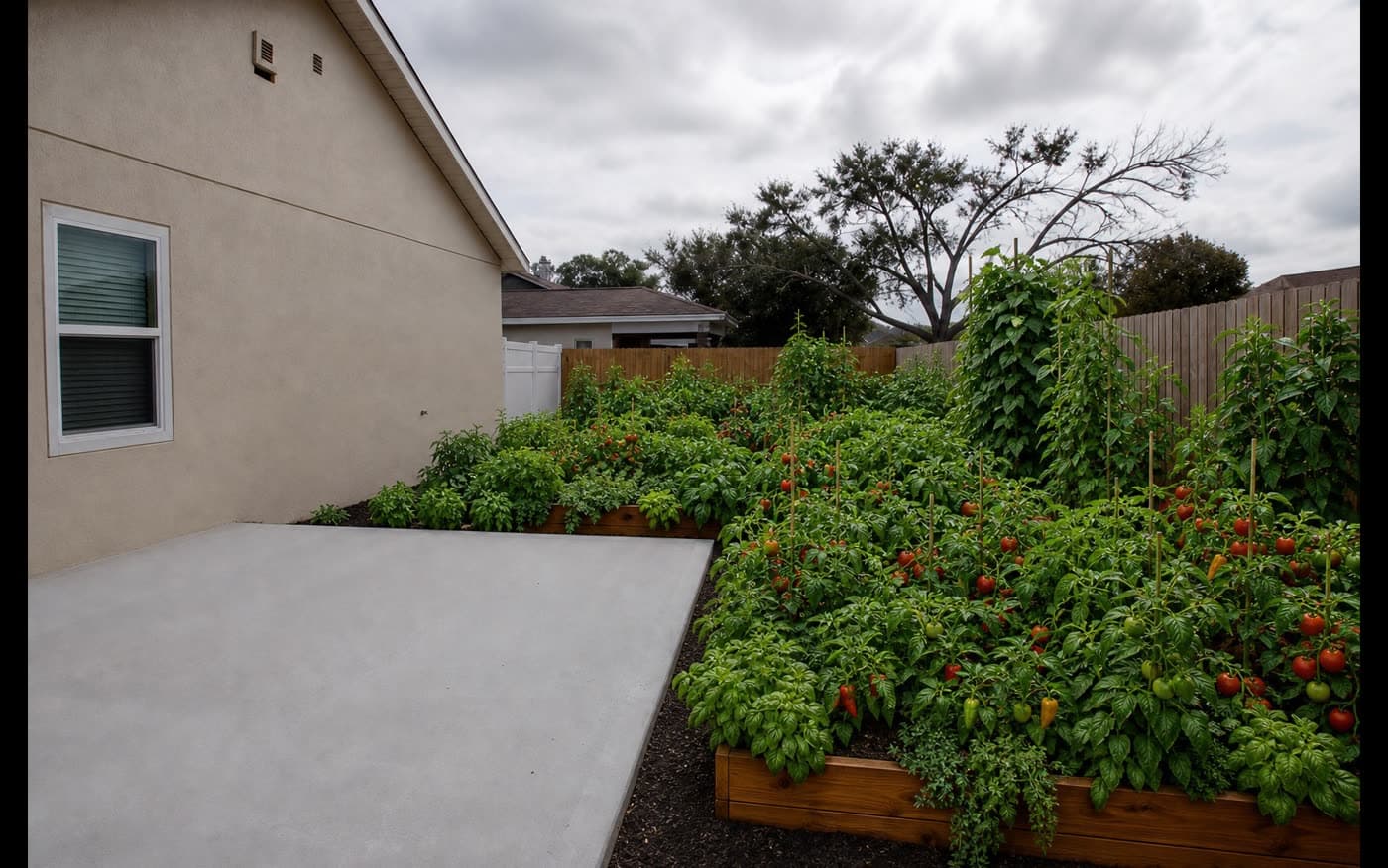 Productive raised-bed edible garden beside a Florida home