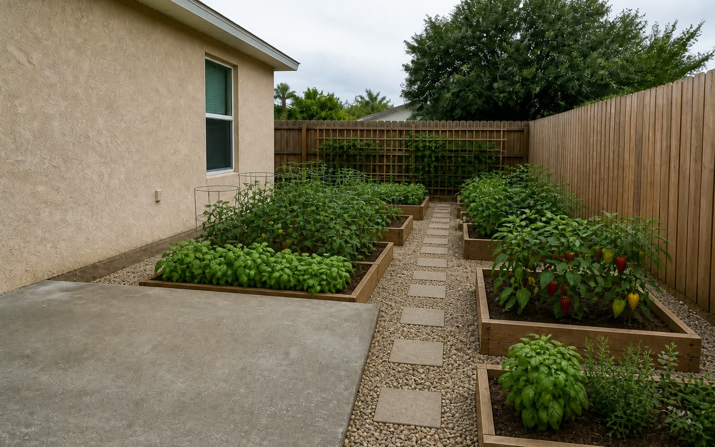 Productive raised-bed edible garden beside a Florida home